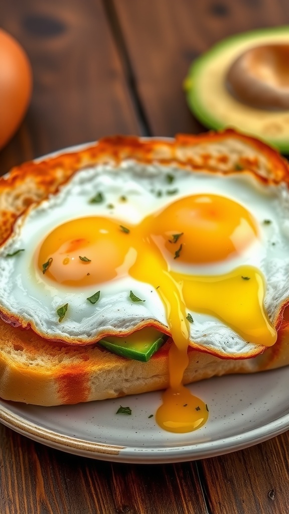 A tempting fried egg sandwich with runny eggs and crispy bread on a wooden table.
